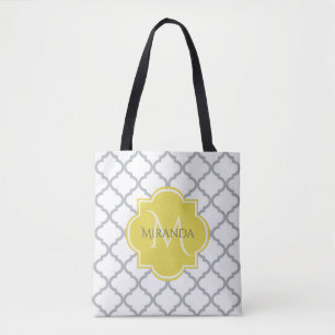 Tote Bag Chic White Grey Quatrefoil Yellow Monogramme Nom