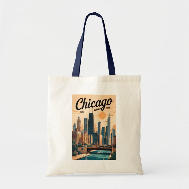 Tote Bag Chicago Illinois Skyline Travel Art Vintage (Devant)