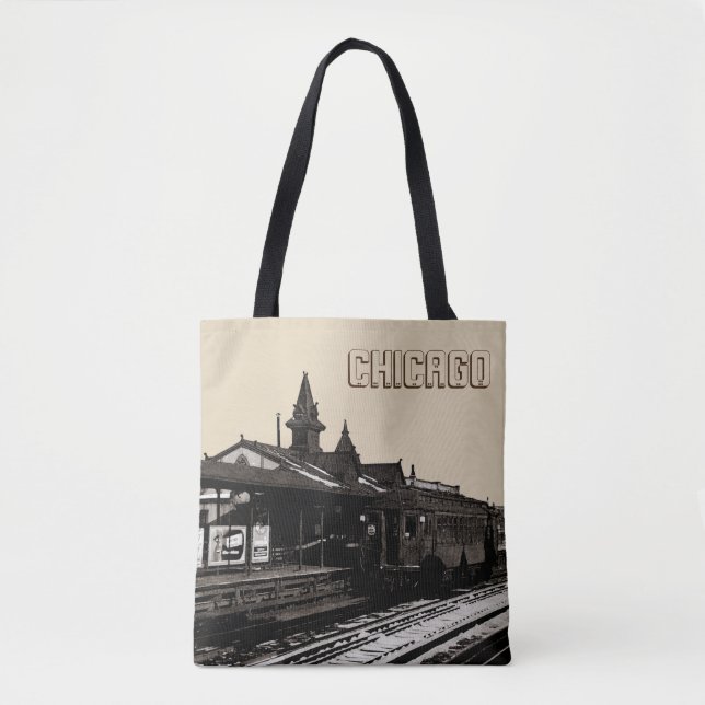 Tote Bag Chicago L 1950 Watercolor Sepia Photograph (Devant)