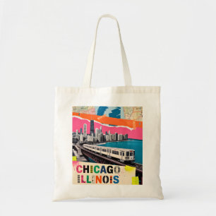 Tote Bag Chicago Skyline Train Collage Pop Art Rétro Voyage