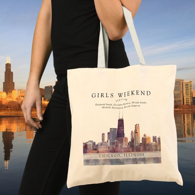 Tote Bag Chicago Skyline Watercolor Girls Weekend (Chicago Skyline Watercolor Girls Weekend Tote Bag)