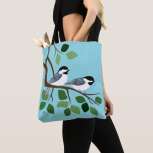 Tote Bag Chickadé noir sur la branche de l'arbre