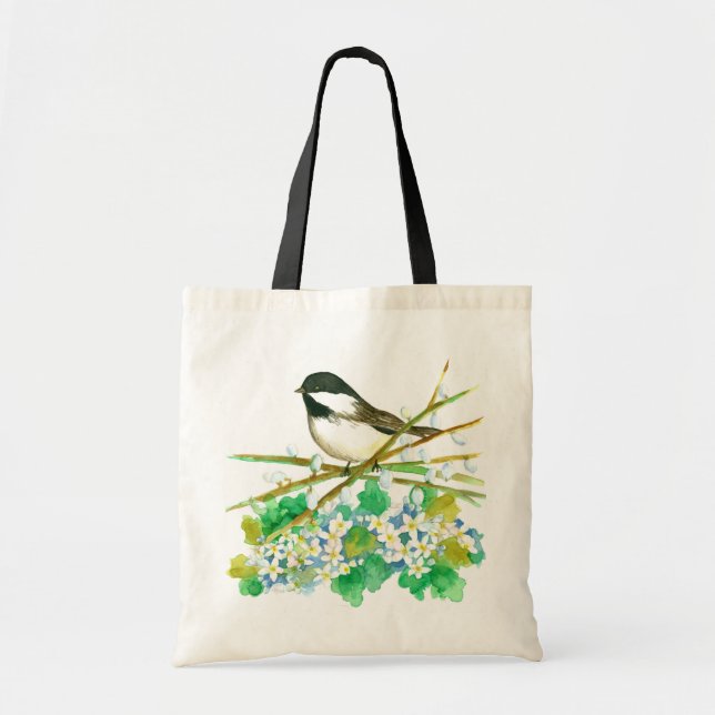 Tote Bag Chickadee Bird May Flower Catkins Willow Branches (Devant)