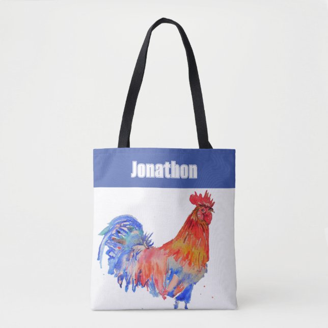 Tote Bag Chicken Rooster Bird Kids Boys Name Blue Red (Devant)