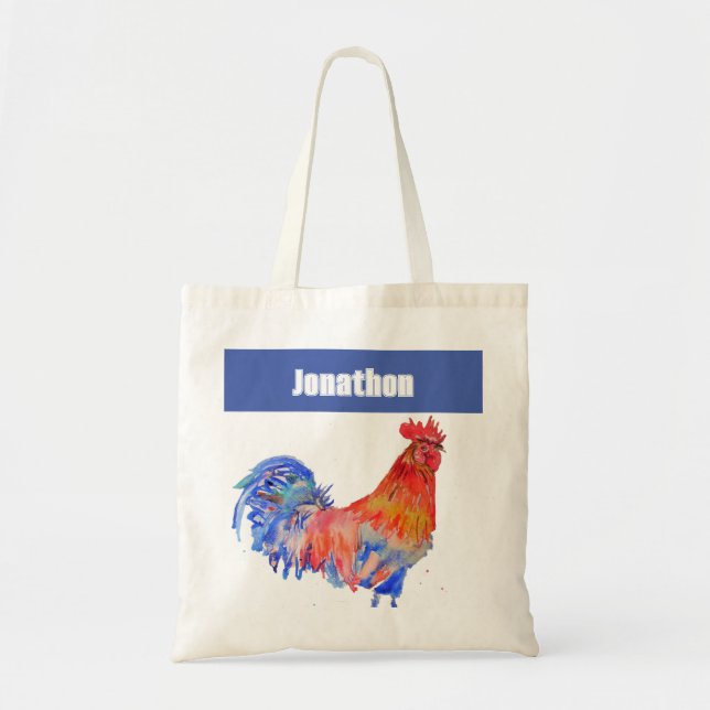 Tote Bag Chicken Rooster Bird Kids Boys Name Blue Red (Devant)