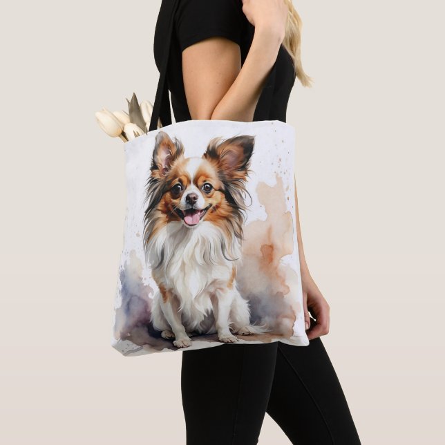 TOTE BAG CHIEN À POIVRE EN PAPILLON BROWN ET BLANC (De près)