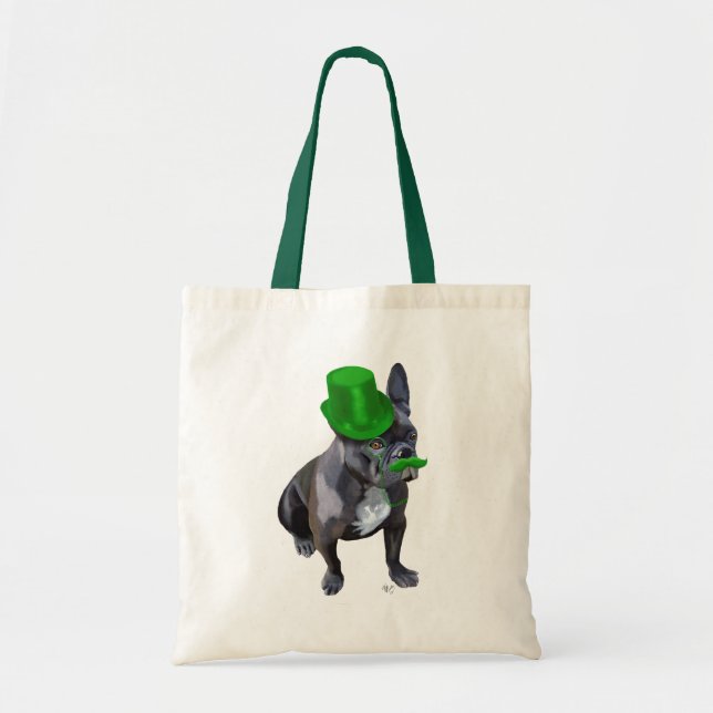 Tote Bag Chien à tête verte avec chapeau et moustache (Devant)