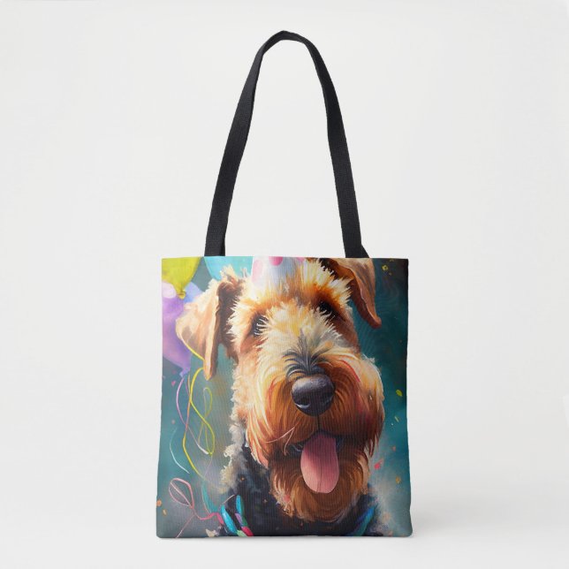 Tote Bag Chien Airedale avec casquette d'anniversaire et ba (Devant)