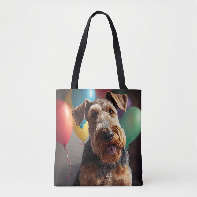 Tote Bag Chien Airedale avec gâteau et ballons (Devant)