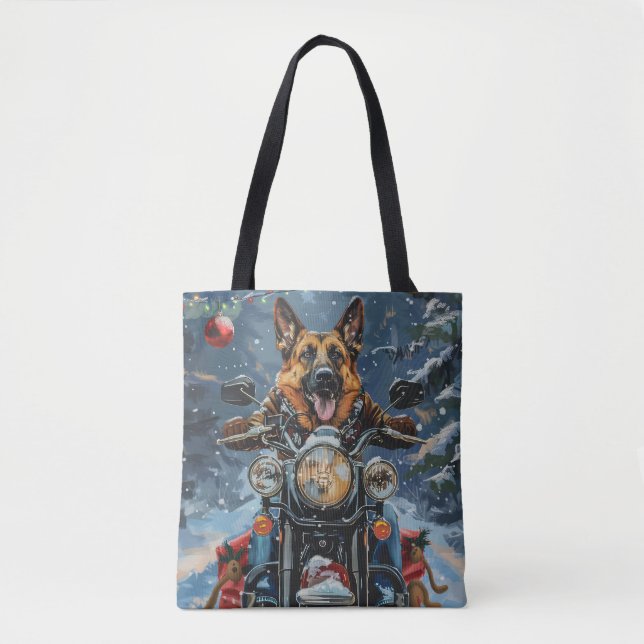 Tote Bag Chien berger allemand équitation moto Noël (Devant)