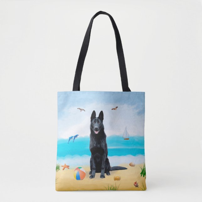 Tote Bag Chien berger allemand noir sur la plage (Devant)