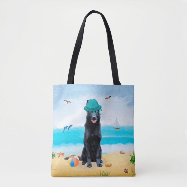 Tote Bag Chien berger allemand noir sur la plage (Devant)
