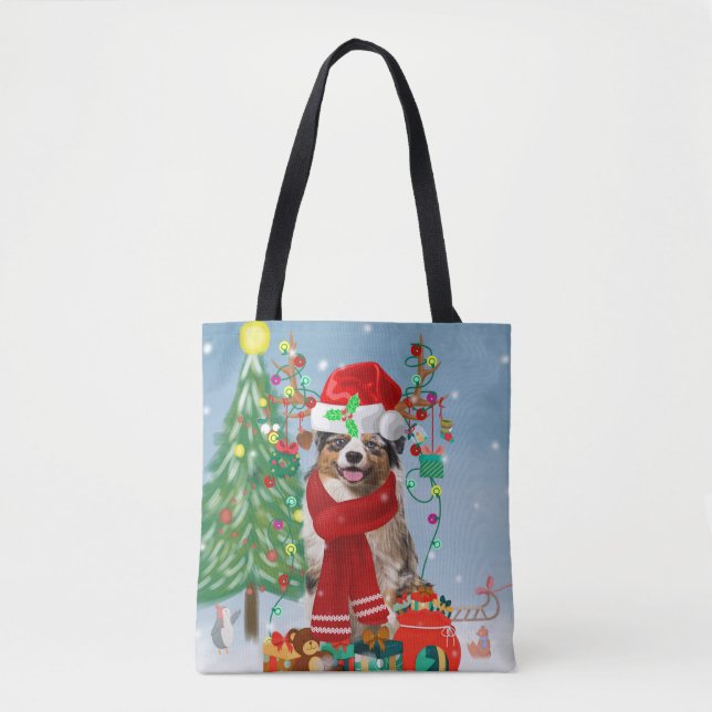 Tote Bag Chien berger australien en Noël de neige (Devant)