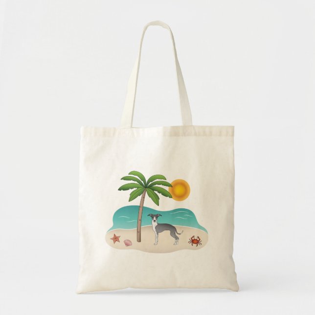 Tote Bag Chien Blanc Et Bleu À L'Iggy Sur Une Plage Tropica (Devant)