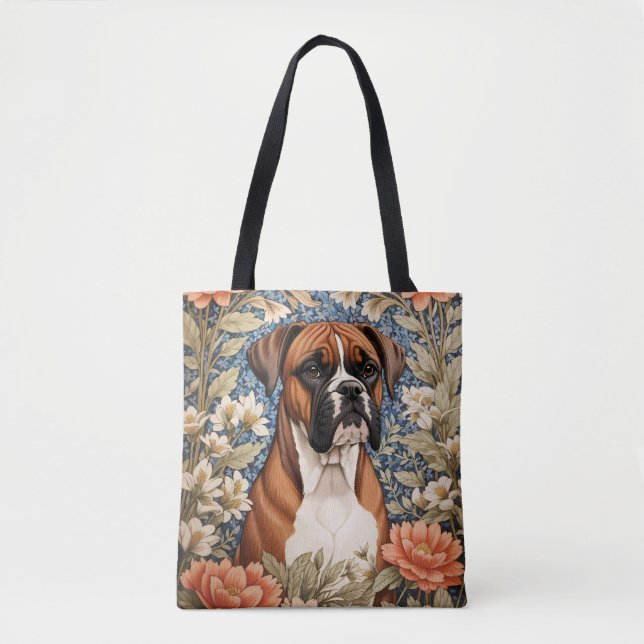 Tote Bag Chien Boxer Élégant Inspiré de William Morris  (Devant)