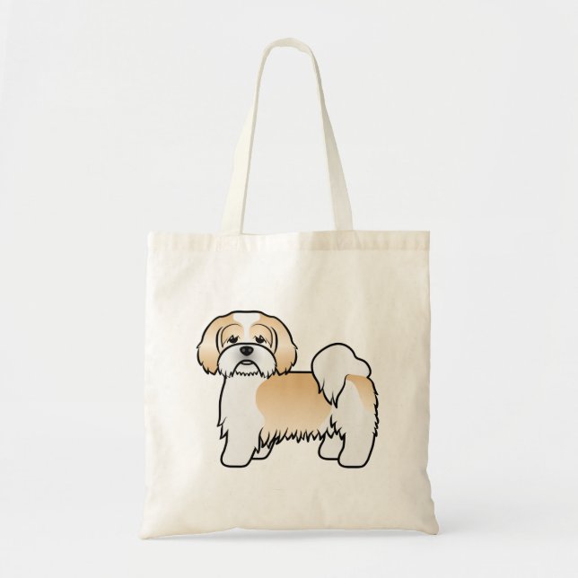 Tote Bag Chien Caricature Lhassa Apso En Or Et Blanc (Devant)