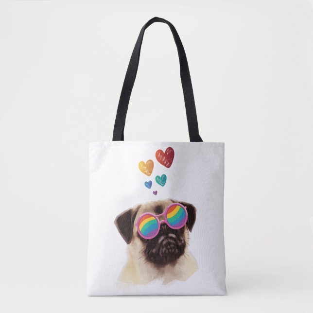 Tote Bag Chien Carlin avec coeurs Saint-Valentin (Devant)