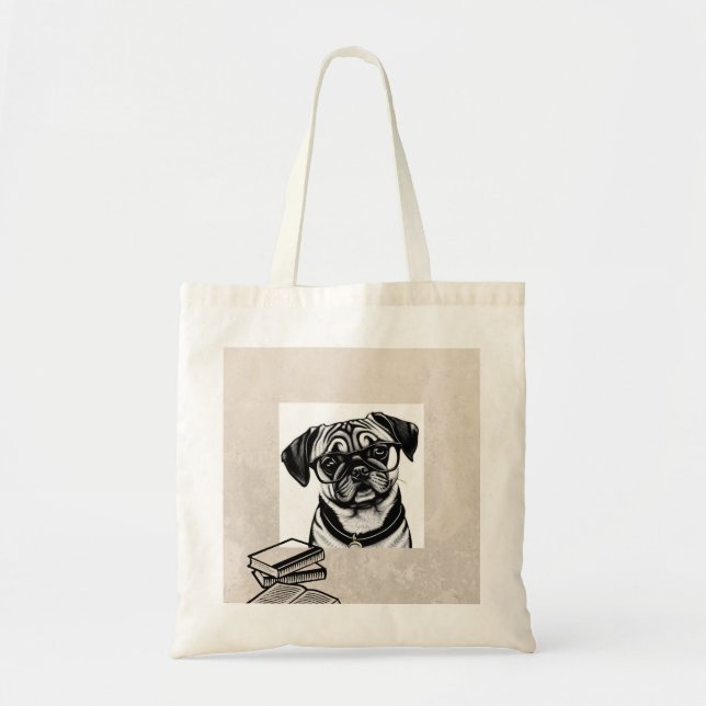 Tote Bag Chien carlin avec lunettes et livres Fourre-tout (Devant)