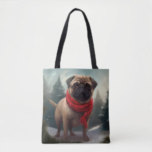 Tote Bag Chien Carlin dans la neige de Noël