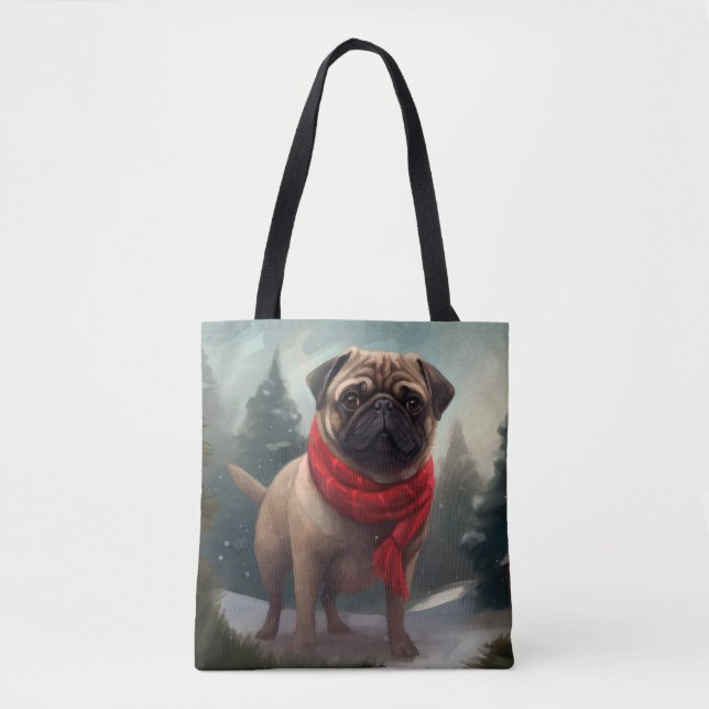 Tote Bag Chien Carlin dans la neige de Noël (Devant)