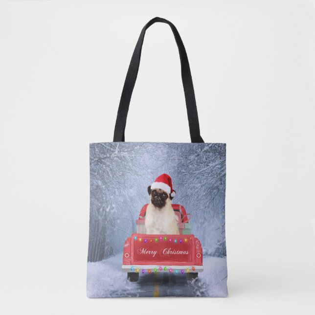 Tote Bag Chien carlin en neige assis dans un camion de Noël (Devant)
