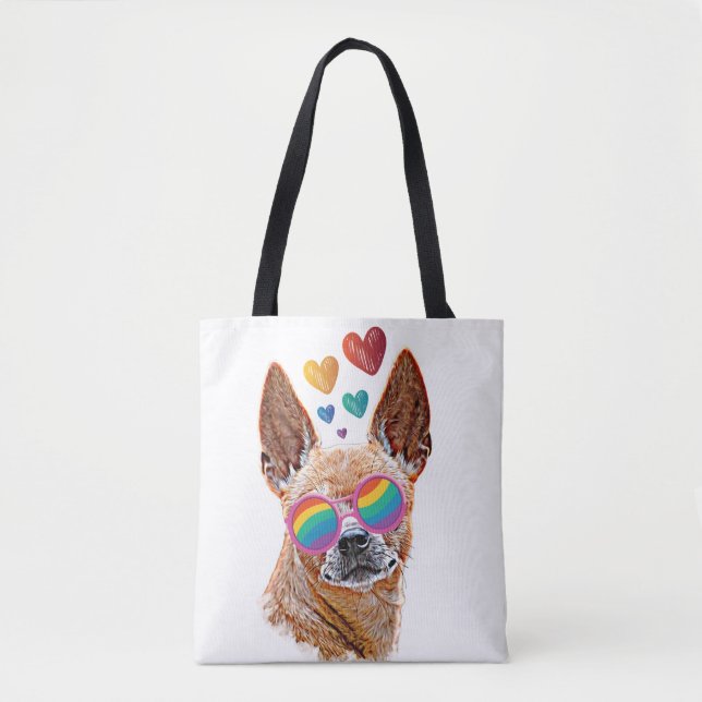 Tote Bag Chien Chihuahua avec coeurs Saint-Valentin (Devant)