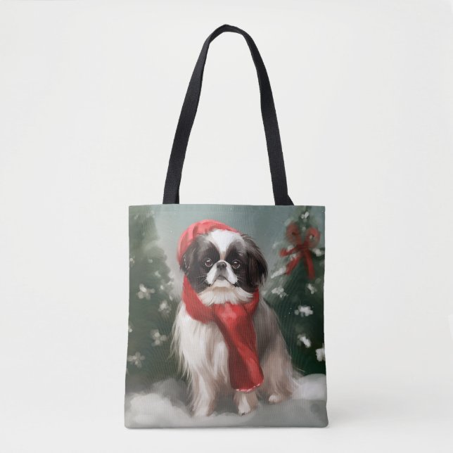 Tote Bag Chien chinois japonais à Noël de neige (Devant)