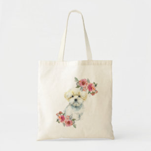 Tote Bag Chien chiot maltais mignon avec Fleurs Aquarelle