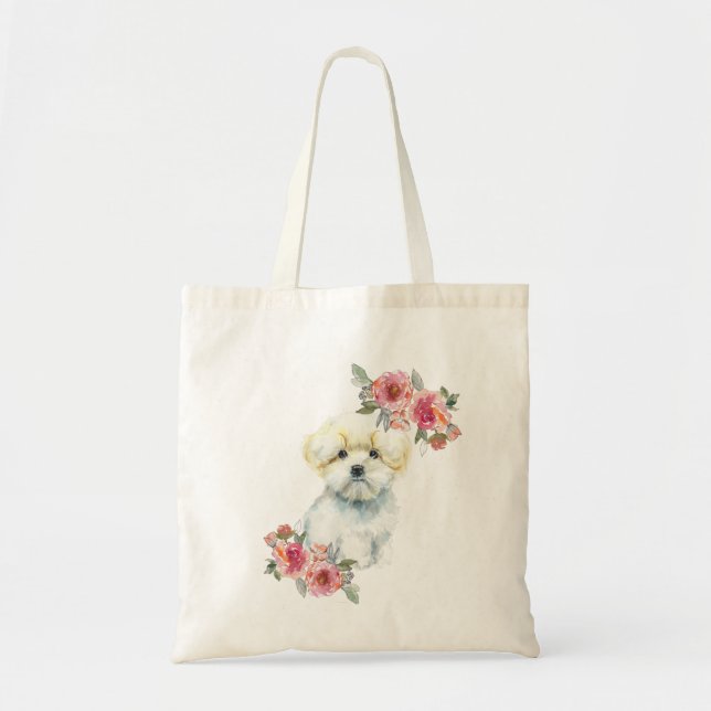 Tote Bag Chien chiot maltais mignon avec Fleurs Aquarelle (Devant)