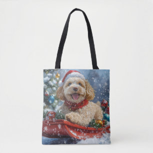 Tote Bag Chien Cockapoo en Traîneau Laissez Tomber la Neige
