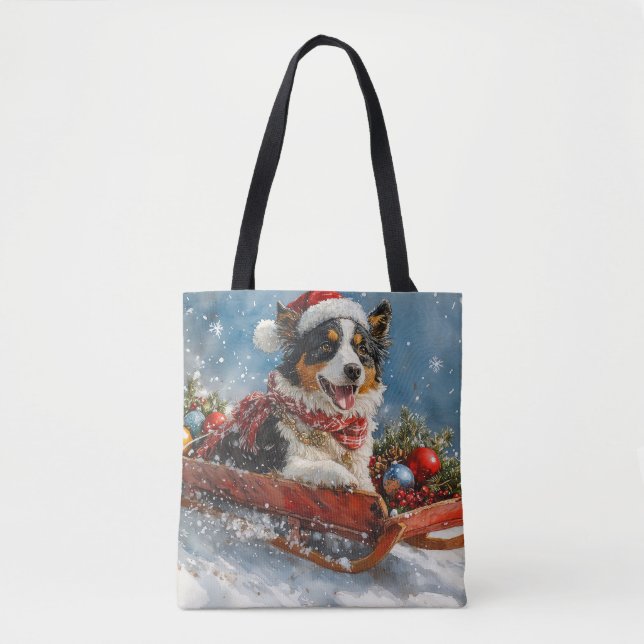 Tote Bag Chien de berger australien en Noël à Sledge (Devant)