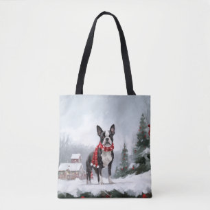 Tote Bag Chien de Boston Terrier pendant Noël de neige