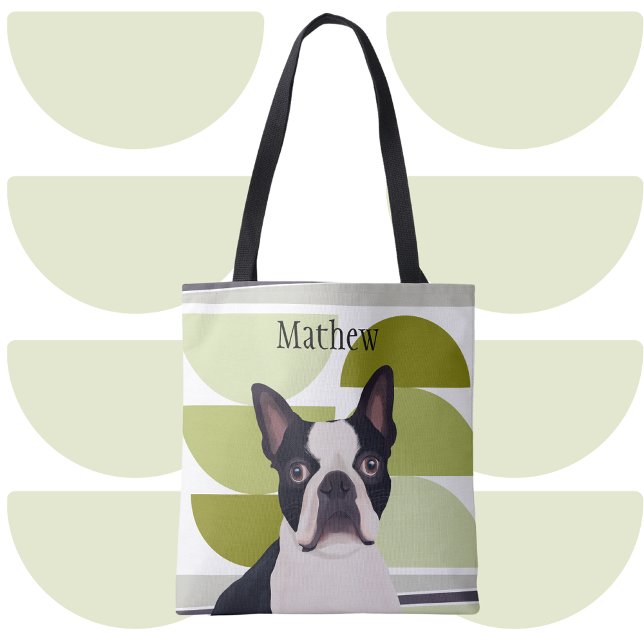 Tote Bag Chien de Boston Terrier - Vert géométrique (Créateur téléchargé)