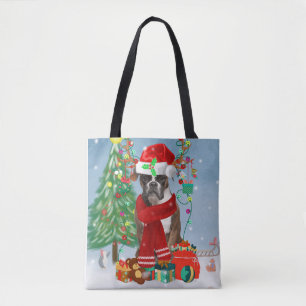 Tote Bag Chien de boxe en neige avec cadeaux de Noël