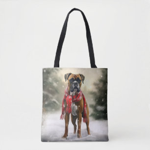 Tote Bag Chien de boxe en Noël de neige