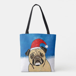 Tote Bag Chien de carlin dans neige Noël Aquarelle Art Port