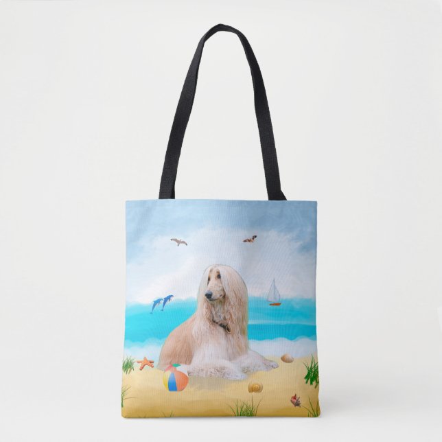 Tote Bag Chien de chien afghan sur la plage (Devant)