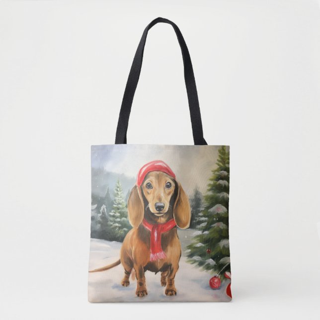 Tote Bag Chien de Dachshund à Noël de neige (Devant)