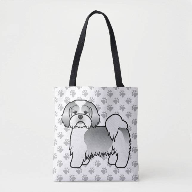 Tote Bag Chien de dessin animé Lhasa Apso argent et blanc & (Devant)