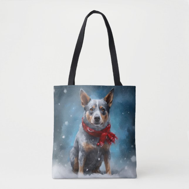 Tote Bag Chien de Heeler Bleu à Noël de neige (Devant)
