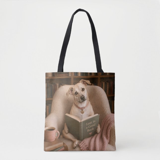 Tote Bag Chien de lecture mignon Illustration de bibliothèq (Devant)