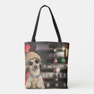 Tote Bag Chien de Noël drôle buvant du thé aux bulles