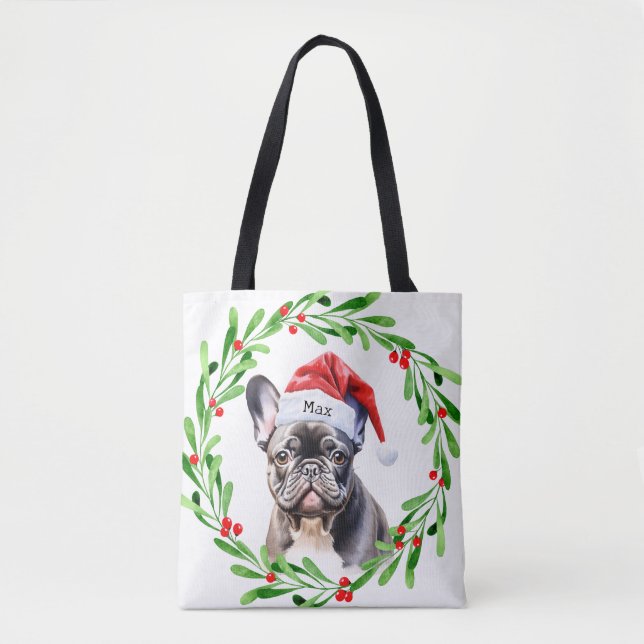 Tote Bag Chien de Noël Français Noir Chien de Noël Père Noë (Devant)