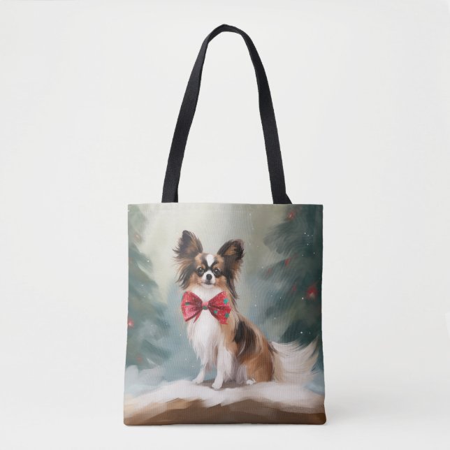 Tote Bag Chien de Papillon à Noël de neige (Devant)