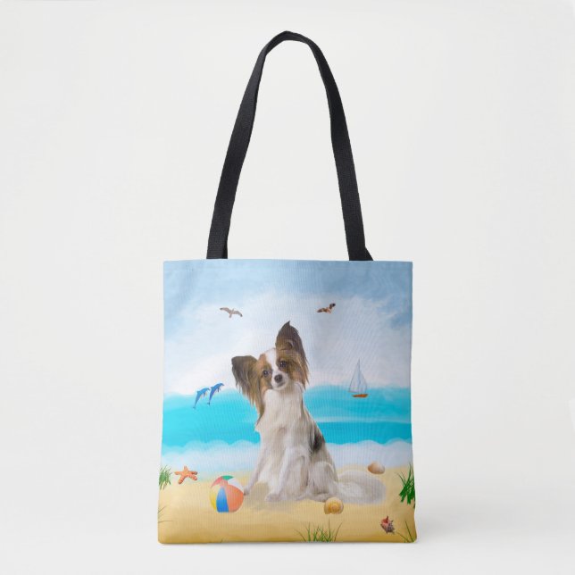 Tote Bag Chien de Papillon sur la plage (Devant)