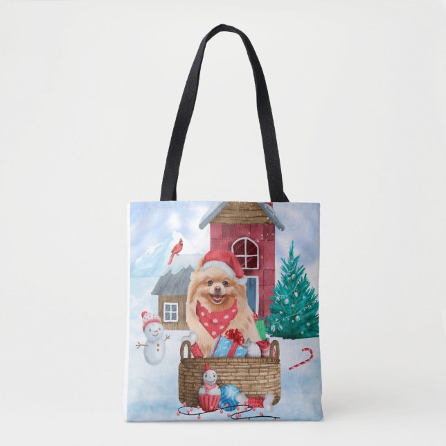 Tote Bag Chien de Poméranie dans la neige Maison de Chien d (Devant)
