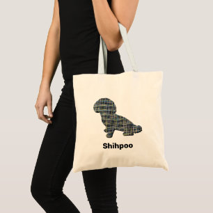 Tote Bag Chien de Shihpod Silhouette Lignes de Grille Jaune
