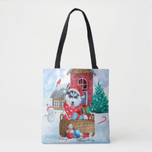 Tote Bag Chien de Sibérie Husky dans la neige Maison de Chi