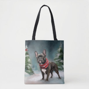 Tote Bag Chien de taureau français à Noël de neige