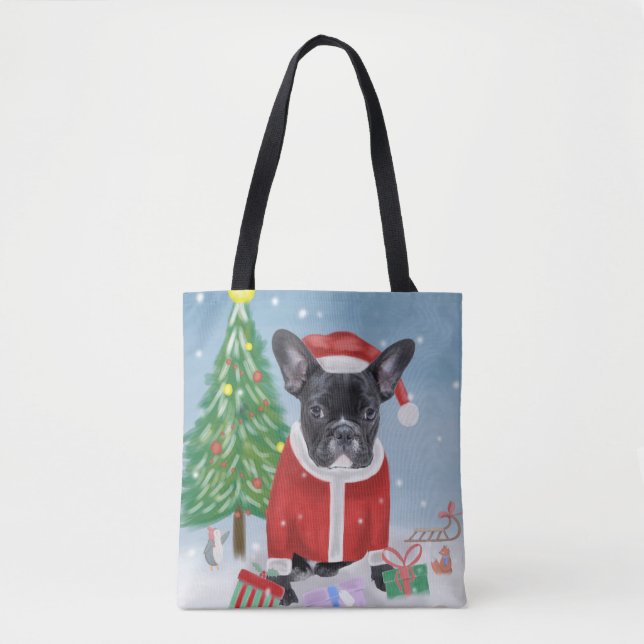 Tote Bag Chien de taureau français en neige avec cadeaux de (Devant)